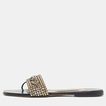 Black Leather Crystal Embellished Leather Flat Slides