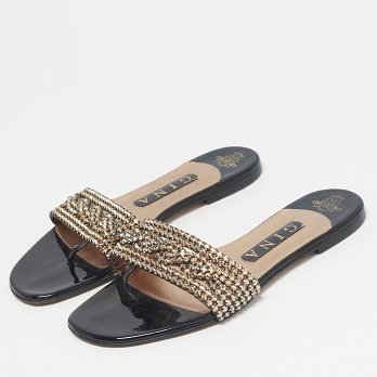Black Leather Crystal Embellished Leather Flat Slides