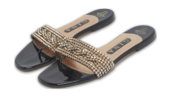 Black Leather Crystal Embellished Leather Flat Slides