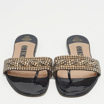 Black Leather Crystal Embellished Leather Flat Slides