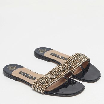 Black Leather Crystal Embellished Leather Flat Slides
