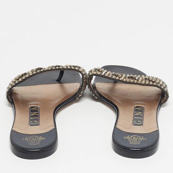 Black Leather Crystal Embellished Leather Flat Slides