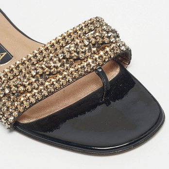 Black Leather Crystal Embellished Leather Flat Slides