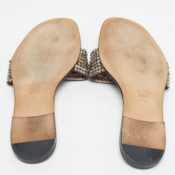 Black Leather Crystal Embellished Leather Flat Slides