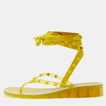 Yellow Fabric and Rubber Rockstud Thong Ankle Wrap Flats
