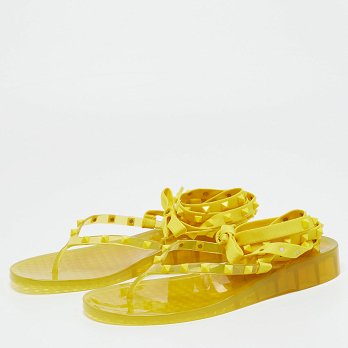 Yellow Fabric and Rubber Rockstud Thong Ankle Wrap Flats