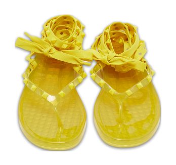 Yellow Fabric and Rubber Rockstud Thong Ankle Wrap Flats
