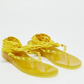Yellow Fabric and Rubber Rockstud Thong Ankle Wrap Flats