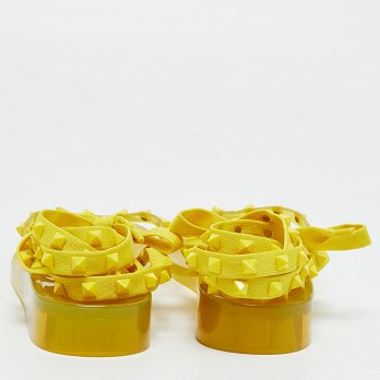 Yellow Fabric and Rubber Rockstud Thong Ankle Wrap Flats