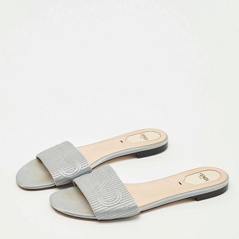 Grey Satin Logo Embroidered Flat Slides