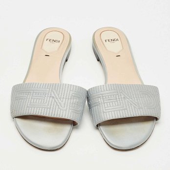 Grey Satin Logo Embroidered Flat Slides