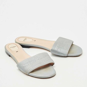 Grey Satin Logo Embroidered Flat Slides
