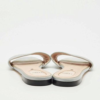 Grey Satin Logo Embroidered Flat Slides