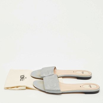 Grey Satin Logo Embroidered Flat Slides