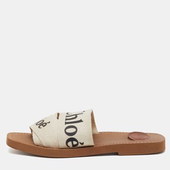 Off White Canvas Logo Ribbon Woody Flat Slide Sandals
