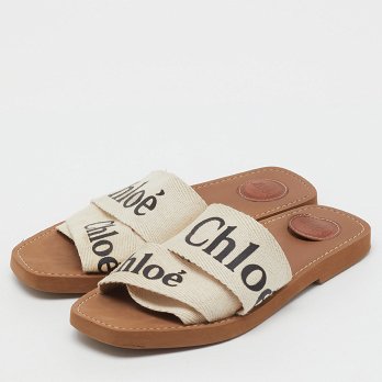 Off White Canvas Logo Ribbon Woody Flat Slide Sandals