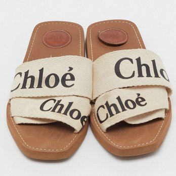 Off White Canvas Logo Ribbon Woody Flat Slide Sandals