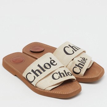 Off White Canvas Logo Ribbon Woody Flat Slide Sandals