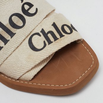 Off White Canvas Logo Ribbon Woody Flat Slide Sandals