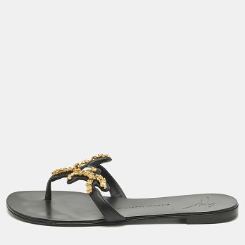 GIU Black leather Rock Thong Flat Sandals Size 39