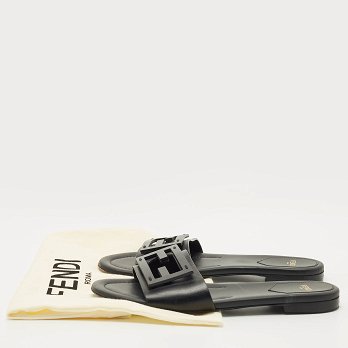 Black Leather Logo Flat Slides