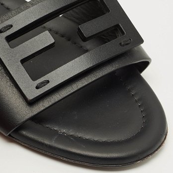Black Leather Logo Flat Slides
