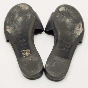 Black Leather Logo Flat Slides