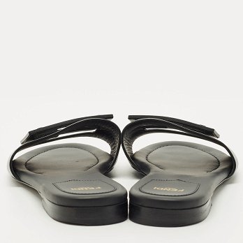 Black Leather Logo Flat Slides