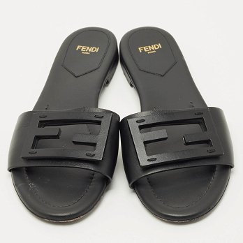 Black Leather Logo Flat Slides