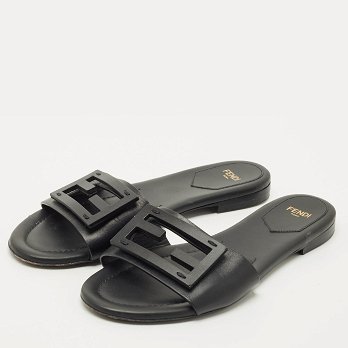 Black Leather Logo Flat Slides