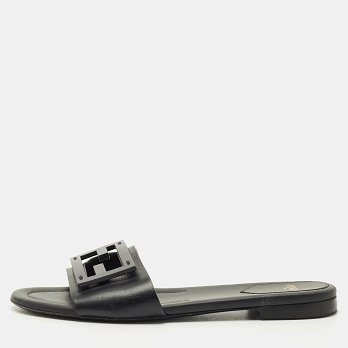Black Leather Logo Flat Slides