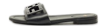 Black Leather Logo Flat Slides