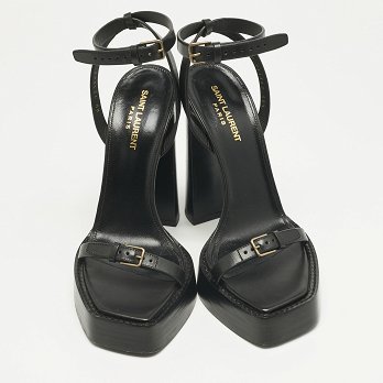 Black Leather Platz Platform Ankle Strap Sandals