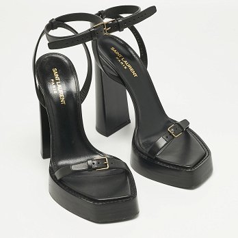 Black Leather Platz Platform Ankle Strap Sandals