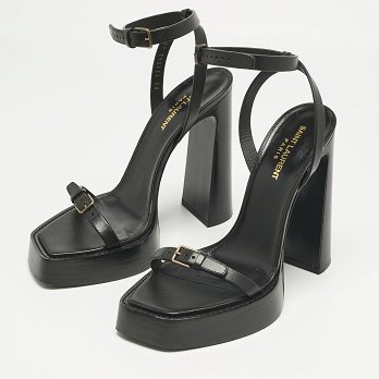 Black Leather Platz Platform Ankle Strap Sandals