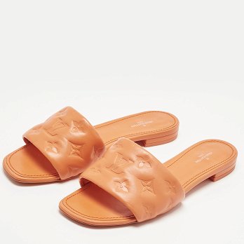 Orange Monogram Embossed Leather Revival Flat Slides