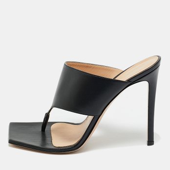 Black Leather Thong Slide Sandals