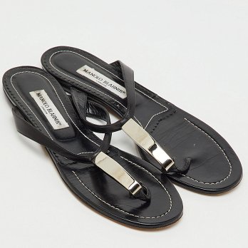 Black Leather Flat Thong Sandals