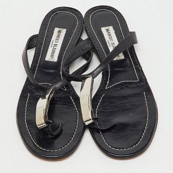 Black Leather Flat Thong Sandals