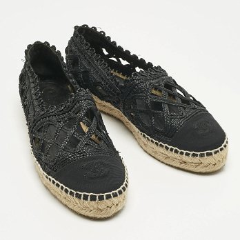 Black Canvas and Straw CC Espadrille Flats
