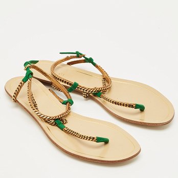 Two Tone Metal Chain and Suede Thong Slingbak Sandals