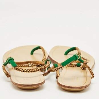 Two Tone Metal Chain and Suede Thong Slingbak Sandals