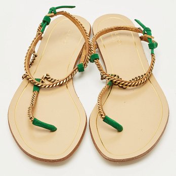 Two Tone Metal Chain and Suede Thong Slingbak Sandals