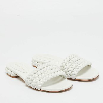 White Braided Leather Flat Slides