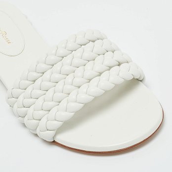 White Braided Leather Flat Slides