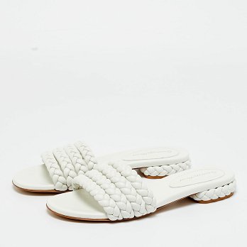 White Braided Leather Flat Slides