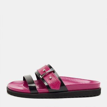 Pink/Black Ostrich Leg and Leather Flat Slides