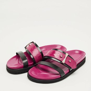 Pink/Black Ostrich Leg and Leather Flat Slides