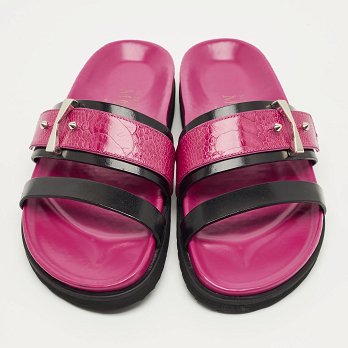 Pink/Black Ostrich Leg and Leather Flat Slides