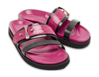 Pink/Black Ostrich Leg and Leather Flat Slides